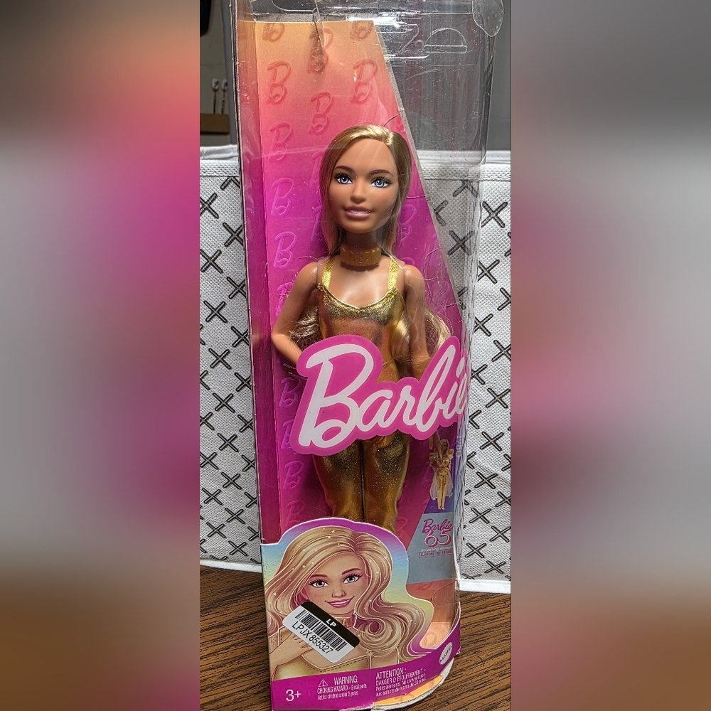 Barbie Fashionistas Doll #222, Petite with Blonde Wavy Hair, Golden Jumpsuit.